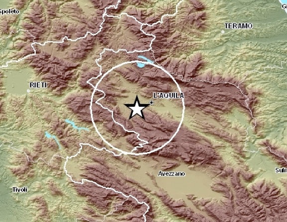 la mappa dell'epicentro del terremoto che ha colpito l'Abruzzo il 6 aprile 2009 alle ore 3,32